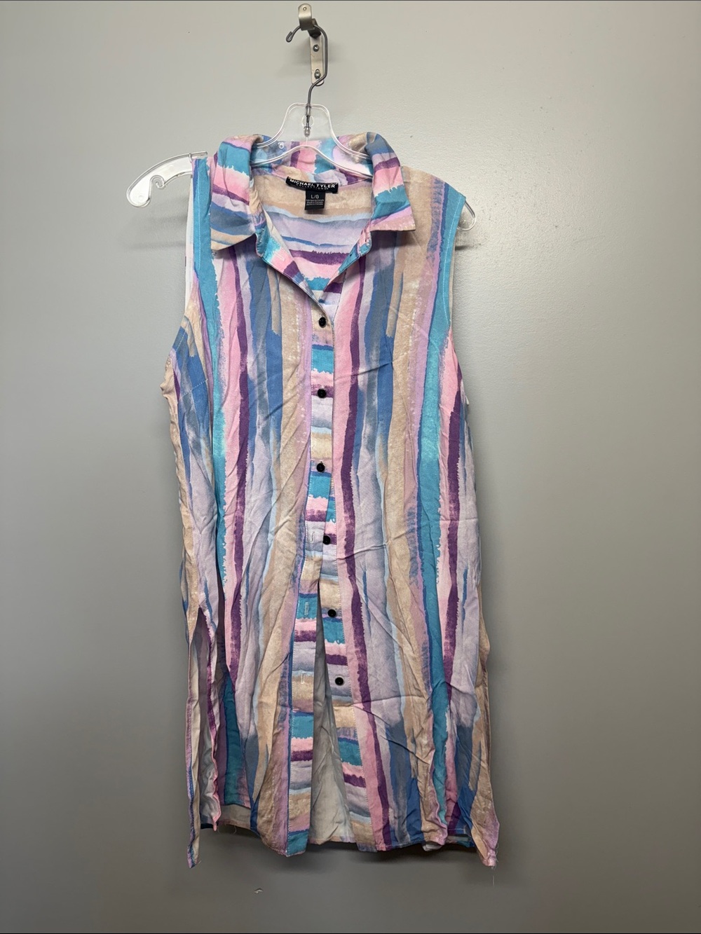 Michael Tyler Sleeveless Striped Pastel Color Buttons Midi Shirt Dress
